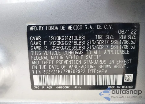 2023 Honda Hr-V 2Wd Ex-L from USA, damaged, VIN 3CZRZ1H77PM702922